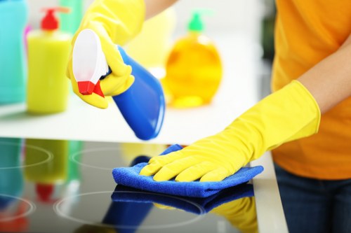 Local cleaner in Docklands working in a high-rise building